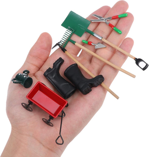 Miniature Fairy Garden Accessories Set 9 Pcs 1:12 Mini Metal Spade Pestle Kettle Wagon Rake Garden Watering Supplies Micro Landscape Ornaments Dol...
