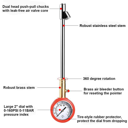 CZC AUTO Accurate Mechanical Tire Pressure Gauge, Straight on Foot Dual Head Truck Air Gage, Heavy Duty Dually Chucks 2" Large Dial Wheel Service ...
