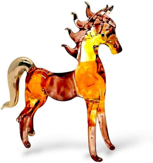 Tiny 2½" Long Brown Gold Standing Horse Figurine - Miniature Hand Blown Painted Glass Horses Stallion Mare Foal Pony Animals Crystal Decorative Co...