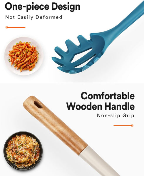 Silicone Pasta Fork, Kitchen Heat Resistant Noodle Spoon Server, BPA Free Spaghetti Strainer,12.8 inch (Khaki & Blue)...