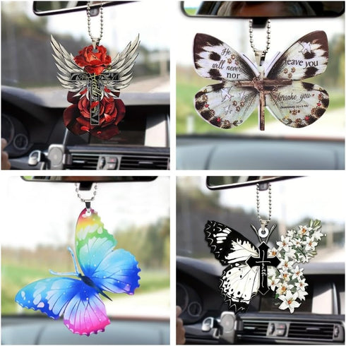 Butterfly Sunflower Letters Cross Car Pendant Car Hanging ornaments Car Mirror Hanging Accessories Christian Cross Rearview Mirror Accessories Car...