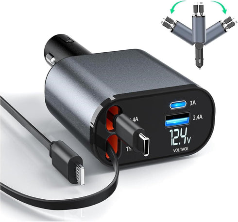 Retractable Car Charger, 4 in 1 Fast Charge Car Phone Charger Adapter 100W, Retractable Cables(2.6ft) for iPhone & Type-C, Cigarette Lighter Adapt...