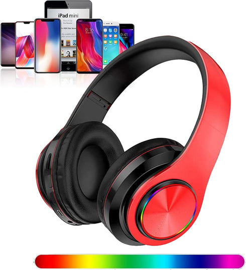 Bluetooth Over Ear Headphones, Colorful LED Lights Deep Bass Headphones with Microphone, Lightweight Wired and Wireless Foldable HiFi Stereo Headp...