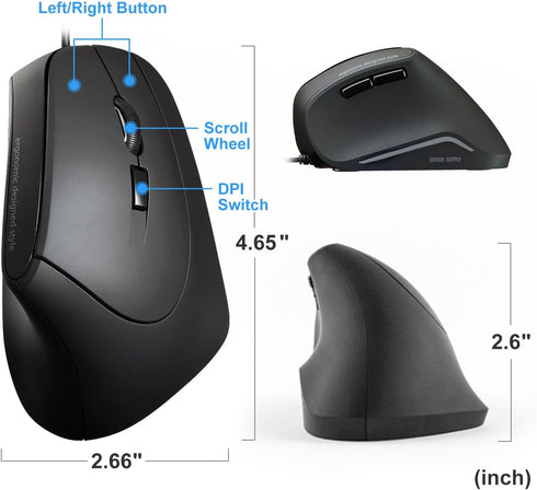 SANWA Wired Ergonomic Mouse, Optical Vertical Computer Mice, Reduce Wrist Strain, (1000/1600 Adjustable DPI, 6 Buttons) Compatible with MacBook, L...