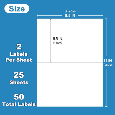 Half Sheet Self Adhesive Shipping Labels for Laser & Inkjet Printers 8.5" x 5.5", White Blank Mailing Labels Strong Adhesive Sticker Labels (25 Sh...