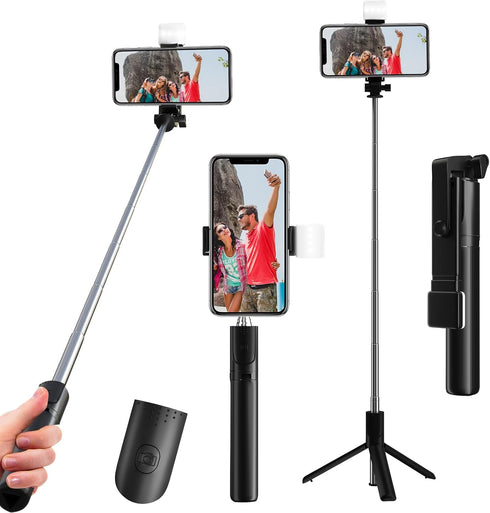 Selfie Stick, 40 in Retractable Phone Tripod with Wireless Remote Control & Light, Portable Selfie Stick Tripod for Photograph, Live Streaming, Vi...