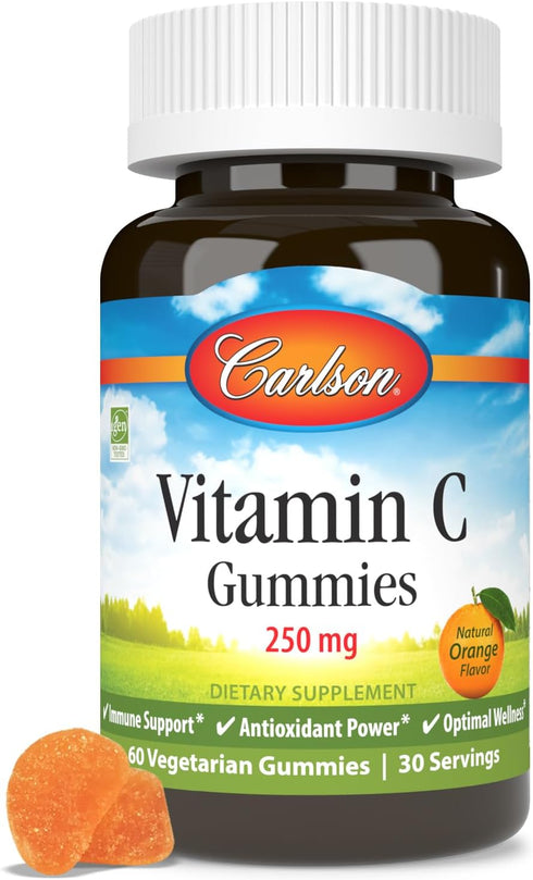 Carlson - Vitamin C Gummies, 250 mg, Immune Support & Antioxidant Power, Optimal Wellness, Orange, 60 Vegetarian Gummies...