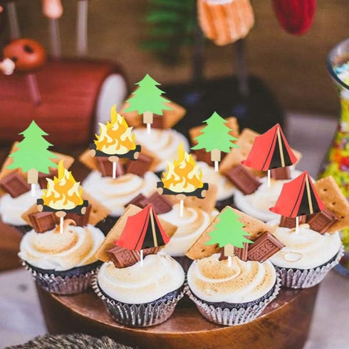 LaVenty Camping Cupcake Toppers Camping Birthday Party Decor Woodlands Party Decor Happy Camper Party Decor Lumberjack Party Decor...