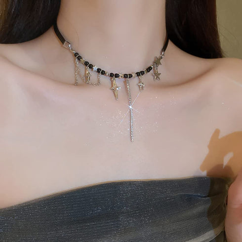 Leather Tassel Rhinestone Necklace Five-pointed Star Pendant Necklace Black Leather Punk Choker Necklace Halloween Jewelry for Women...
