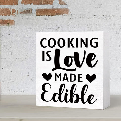 Kitchen Wood Box Signs,Cooking is Love Made Edible Kitchen Wood Block Signs with Sayings for Kitchen Table Decor,Funny Kitchen Sign Decor for Shel...