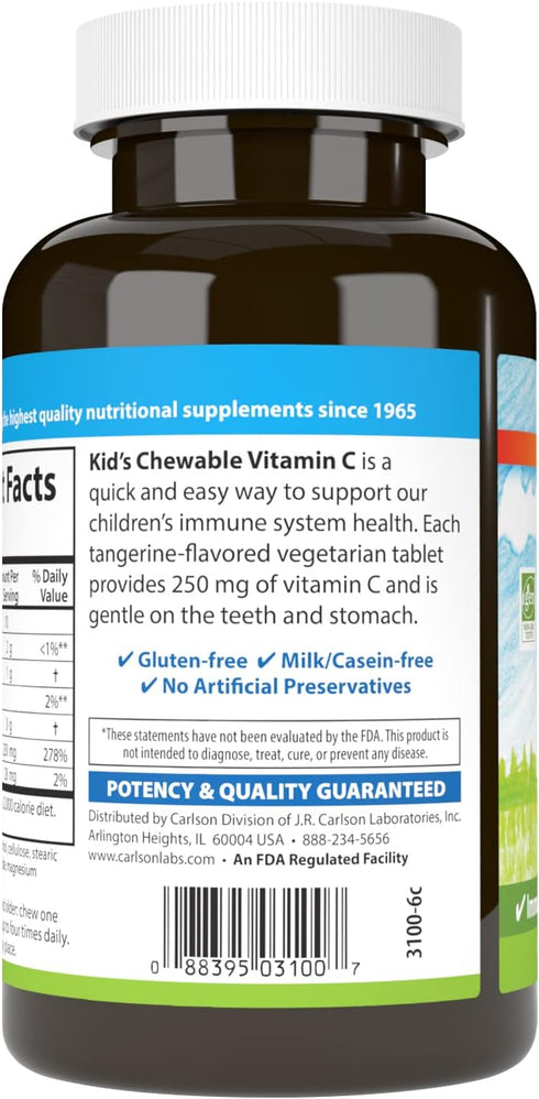 Carlson - Kid's Chewable Vitamin C, 250 mg, 1 g of Sugars, Immune Support & Optimal Wellness, Antioxidant, Tangerine, 60 Vegetarian Tablets...