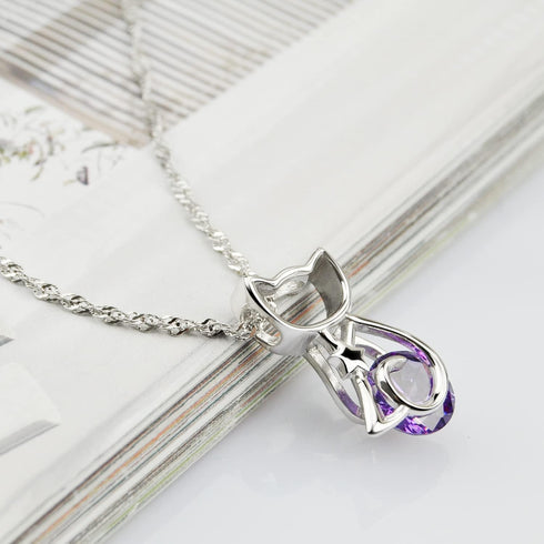 H&Beautimer Italian 925 Sterling Silver Necklace For Women's AAAAA CZ Purple Zircon Pendant Wave Chain 41+5CM Party Jewelry-Cute Cat...