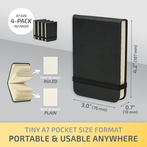 Tiny Notebook 3x4 Small Notepad Pocket Size, A7 Leather Hardcover Mini Notebook, Tear Off Sheet Tiny Notepad with Elastic Band, 4 Pack Mini Pocket...