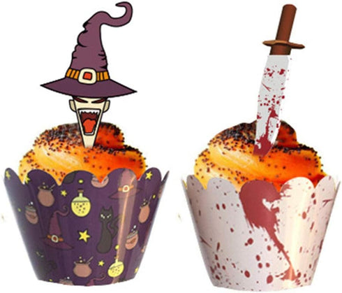 48 Pieces Halloween Cupcake Toppers Cupcake Wrappers Kit for Halloween Cake Decoration...