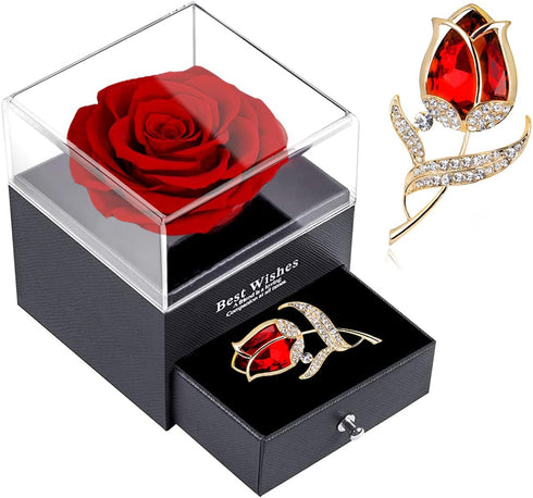 Preserved Red Rose Gift Box- Enchanted Real Rose with Ruby Rose brooch, Eternal Rose Flower in Jewelry Box, Handmade Rose,Forever Red Rose Gift fo...