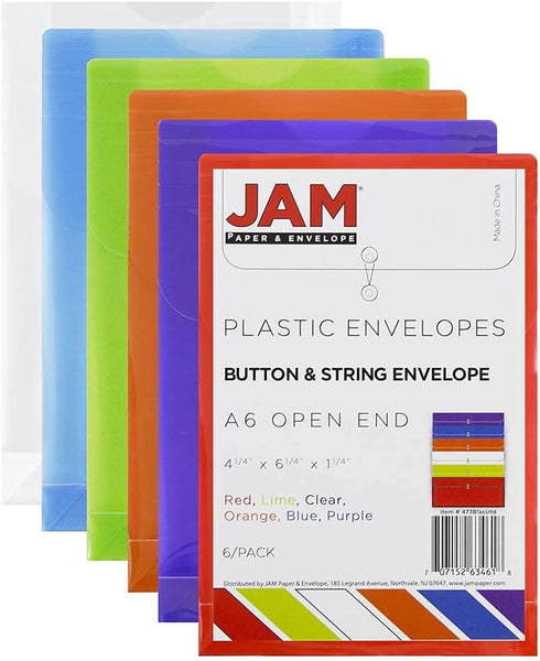 JAM PAPER Plastic Envelopes with Button & String Tie Closure - 4 1/4 x 6 1/4 - Assorted Colors - 6/Pack...