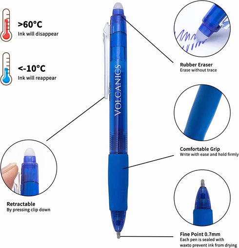 Volcanics Retractable Clicker Erasable Gel Pens - 0.7mm Ball Point, Heat Erase with Built-in Eraser, 12 Pack Blue...