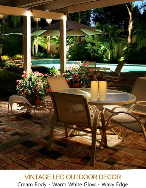2-Pack Outdoor LED Pillar Candles with Timer and Remote - IP64 Waterproof Battery Operated 2x5 LED Pillar Candles Cream Body Wavy Edge...