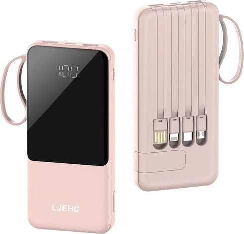 Portable Charger with Built in Cables,10000mAh Slim USB C Power Bank,5 Output 3 Input LED Display High Speed External Battery Pack Travel Phone Ch...