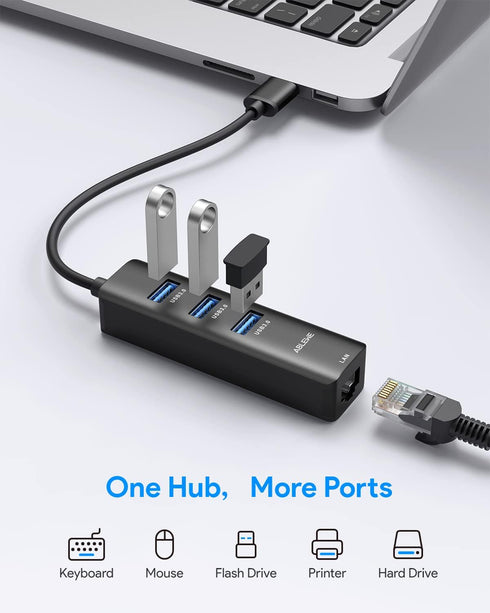 USB to Ethernet Adapter, ABLEWE 3 Ports USB 3.0 Hub with RJ45 1Gbps Gigabit Ethernet Adapter, for MacBook Air 2017, iMac, XPS, Surface Pro, Linux,...