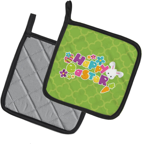 Caroline's Treasures BB6900PTHD Happy Easter Green Quatrafoil Pair of Pot Holders Kitchen Heat Resistant Pot Holders Sets Oven Hot Pads for Cookin...