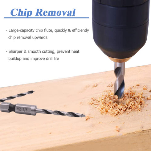 Mesee 6Pcs Brad Point Stubby Drill Bits Set, HSS 4241 Steel with 1/4" Quick Change Hex Shank, Spiral Twist Bit for Metal/Aluminum Iron/Sheet Coppe...