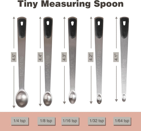 Measuring Spoons Set of 5, Tiny Stainless Steel Measuring Spoons with Black Silicone Handle, Small Measuring Spoon 1/64, 1/32, 1/16, 1/8, 1/4 tsp,...