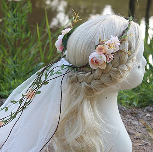 Bueer Flower Wreath Headband Crown Floral Garland Boho for Festival Wedding with Veil, Medium...