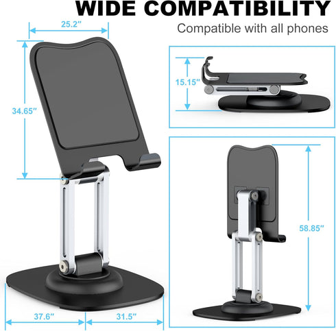 Phone Stand, Fully Adjustable Foldable Desktop Cell Phone Holder Stand, 360 Degree Rotating Phone Stand for Recording Compatible with iPhone 15 14...