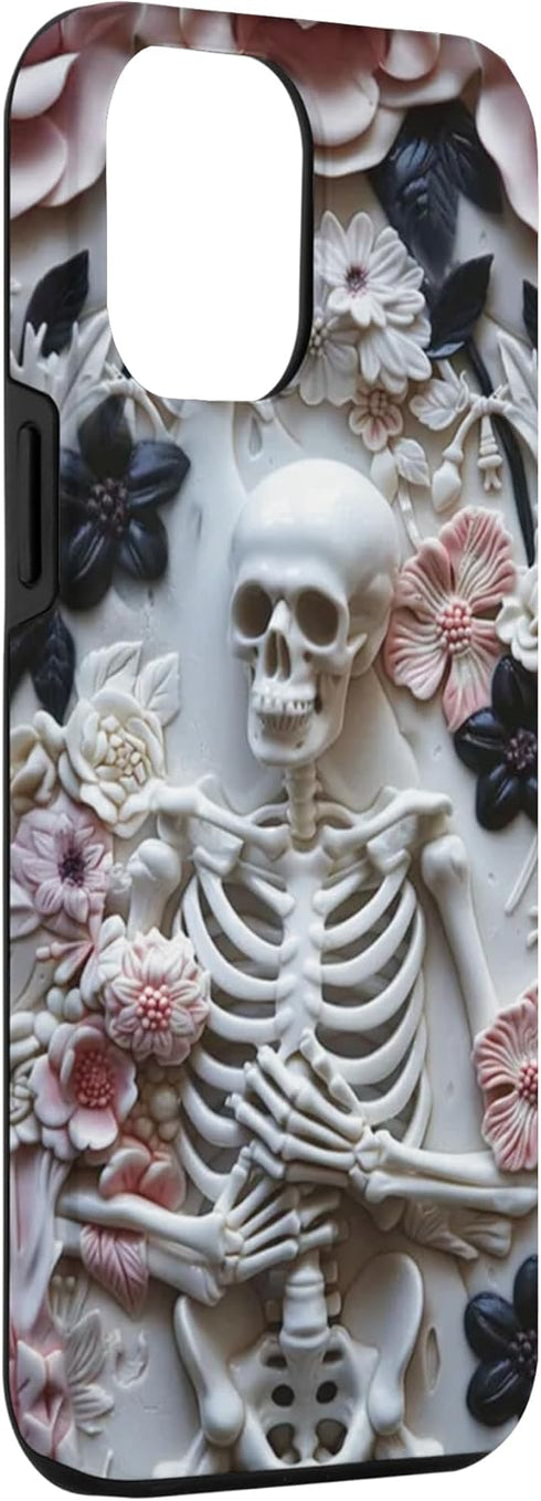 iPhone 15 Plus Whimsigoth Skeleton - Pink - Black Floral Skull Roses Case...