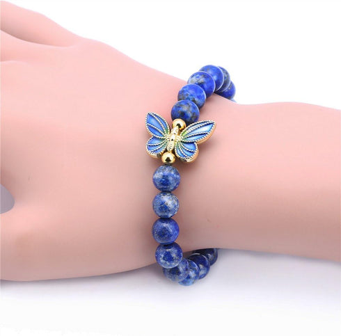 Gem Stone King 8mm Simulated-Lapis Lazuli 18K Yellow Gold Plated Silver Cloisonne Enamel Butterfly Bracelet For Women...