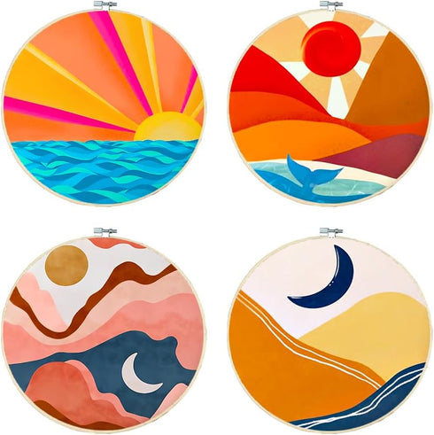 4 Pack Stamped Cross Stitch Kits with Frame - Sun Moon Abstract Landscape Embroidery Kits for Beginners Adults,11 CT Patterns Dimensions Counted C...