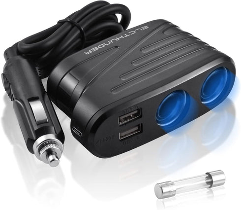 Quick Charge 3.0 Cigarette Lighter Splitter, 2-Socket Car Charger with 27 Inches Extension Cable, 120W 12V/24V Car Charge Splitter with PD 20W Typ...