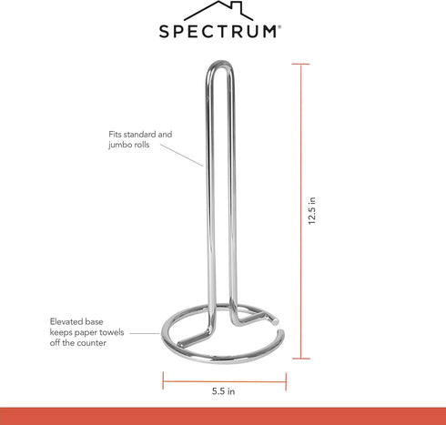 Spectrum Euro Paper Towel Holder Chrome – Freestanding Countertop Dispenser for Kitchen, Easy Tear Access, Sleek Modern Design, Fits Standard Roll...