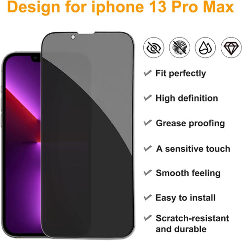 pehael [2+2 Pack iPhone 13 Pro Max Privacy Screen Protector with Camera Lens Protector Full Coverage Anti-Spy Tempered Glass Film 9H Hardness Upgr...