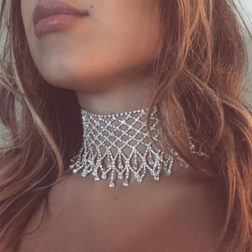 YERTTER Dainity Full Rhinestone Chunky Chain Diamond Silver Chain Collar Statement Tassel Crystal Choker Necklace Adjustable for Party Music Bar W...