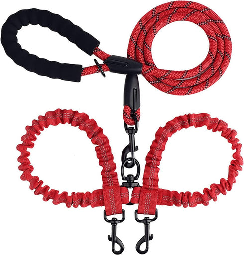 Double Dog Leashes Rope Reflective Dog Leash with Two Shock Absorbing Bungee Trainning Leashes for Two Dogs 360 Swivel No Tangle Dog Leash...