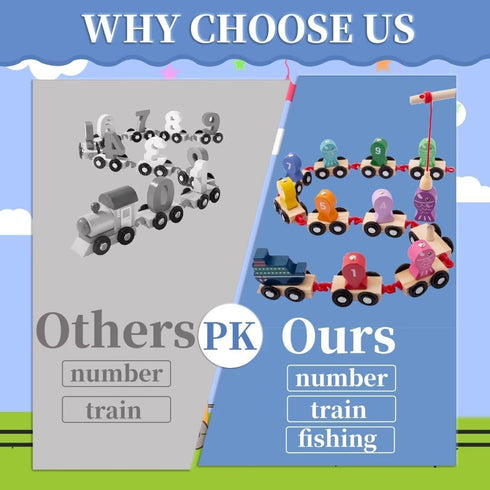 Magnetic Fishing Game for Kids, Wooden Train Set with Numbers Montessori Counting Toys, Preschool Math Learning Educational Game Birthday Gift Fin...