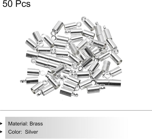 MECCANIXITY 50Pcs Cord End Caps 9mm End Cap Barrel Beads Kumihimo 3.5mm Dia End Caps Brass for Leather Cord, Tassels, Jewelry Making, Silver...