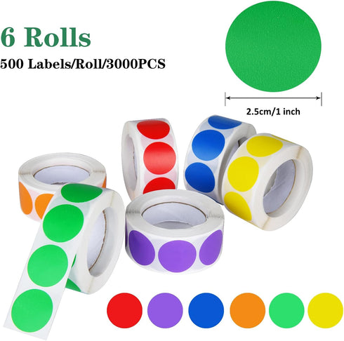 6 Colors 3000 Pieces Dot Stickers Color Code Circle Stickers Can Writing 1 Inch Office Supplies Stationery Sticker Garage Sale Stickers (6 Rolls, ...
