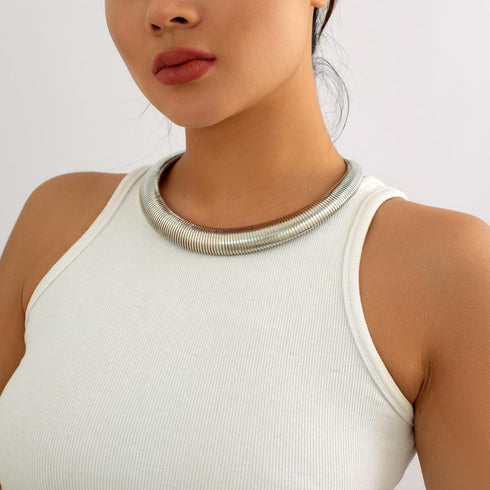 Women's Chunky Striped Flat Snake Collar Necklace Exaggerated Heavy Metal Twisted Torques Necklace...