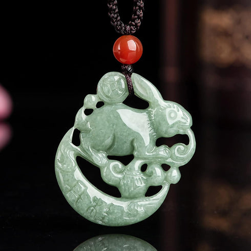 Wealth Rabbit Natural Green Jade Pendant Necklaces for Women Men, Fashion Rope Chain Amulet Hand-carved Good Luck Jewelry Choker Necklaces for Lov...