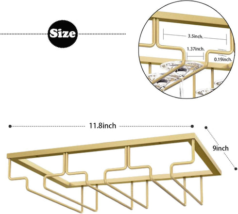 Wine Glass Rack, Under Cabinet Stemware Wine Glass Holder, Wine Glasses Storage Hanger Metal Organizer for Cabinet Kitchen Bar (Gold, 3 Rows 1 Pac...