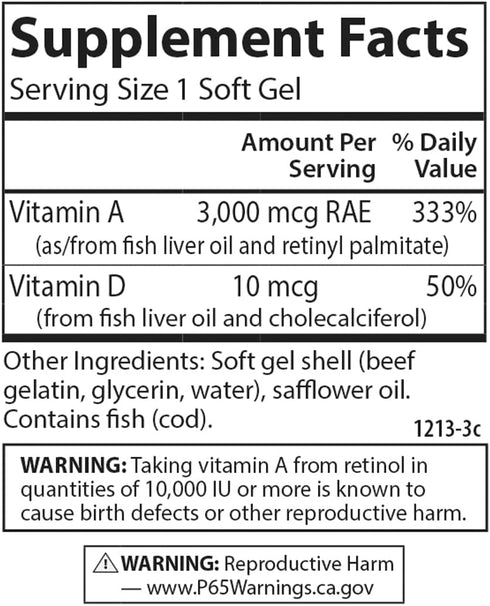 Carlson - A & D, 10000 IU (3000 mcg RAE) Vitamin A, 400 IU (10 mcg) Vitamin D3, Vision Support, Skin Health, 300 Soft Gels...