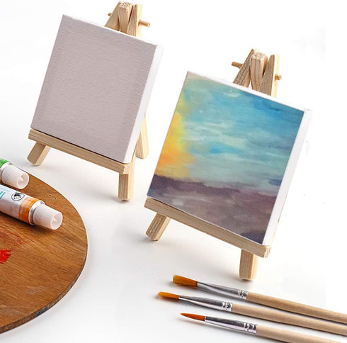 Tosnail 12 Packs Mini Canvas and Easel Set, Art Easel Stand with Canvas Set Tabletop Wooden Display Stand and Canvas Panels for Artist, Students, ...