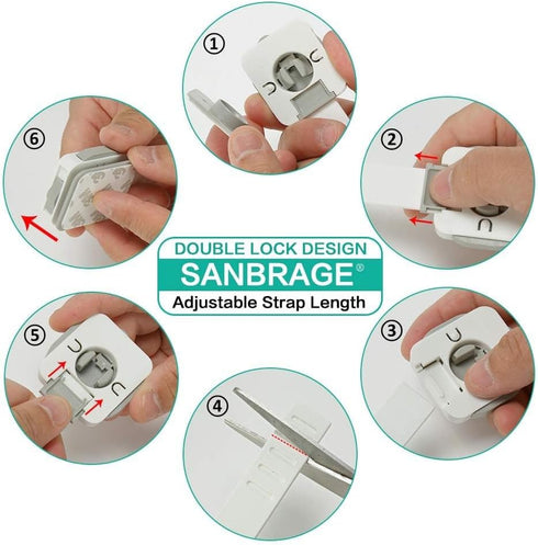 Child Safety Strap Locks (4 Pack) for Fridge, Drawers, Oven, Cabinets, Toilet, Dishwasher, Double Lock Structure, 3M Adhesive No Drilling-SANBRAGE...