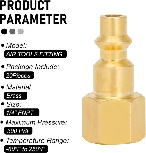 Kodilin 20pcs Solid Brass Industrial Air 1/4-Inch FNPT Plug,Air Compressor Quick-Connect Female Thread Plug Kits...