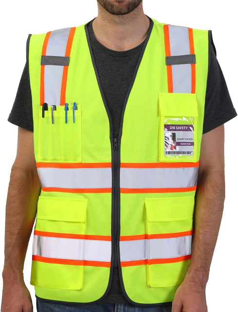 Reflective Vest High Visibility Two Tone with Pockets and Zipper, ANSI Class 2 Compliant, Yellow with Orange Trim XL...