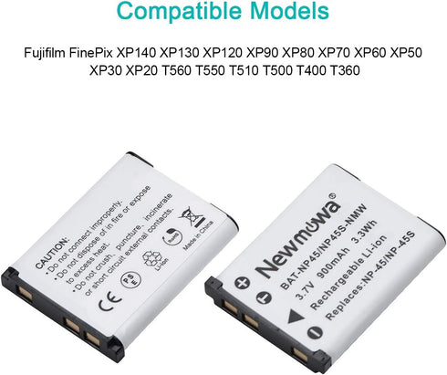 Newmowa NP-45 NP-45S Replacment Battery (2 Pack) and Dual USB Charger Kit for Fujifilm INSTAX Mini 90 and FinePix XP50 XP60 XP70 XP80 XP90 XP120 X...
