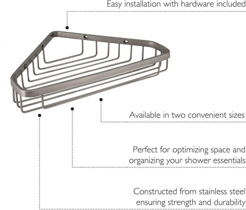 Sturdy Stainless Steel Corner Shower Caddy Basket, 9.5-Inch, Satin Nickel, Wall Mounted – Design House, 588921-SS...